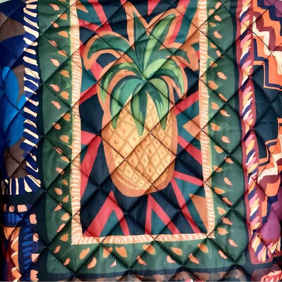 NEW FARM Rio Patchwork Tapestry Crochet Puffer Jacket Tropical Tie Belt Size XL - Picture 15 of 16